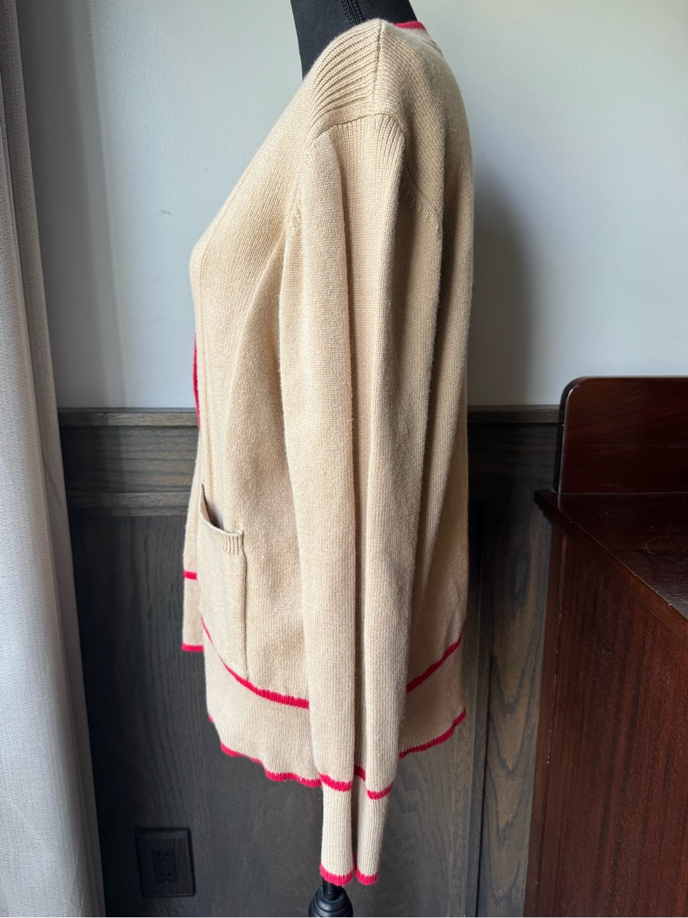 Beige Cardigan with Pink Trim V-Neck Button Front - Picture 3 of 7